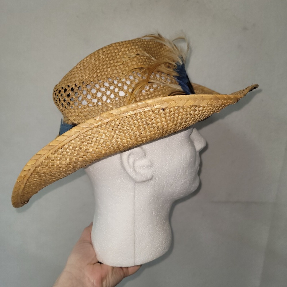 Longhorn‎ Head Huggers Straw Hat Mens M Cowboy Western Feather Rodeo Rancher - Picture 4 of 13